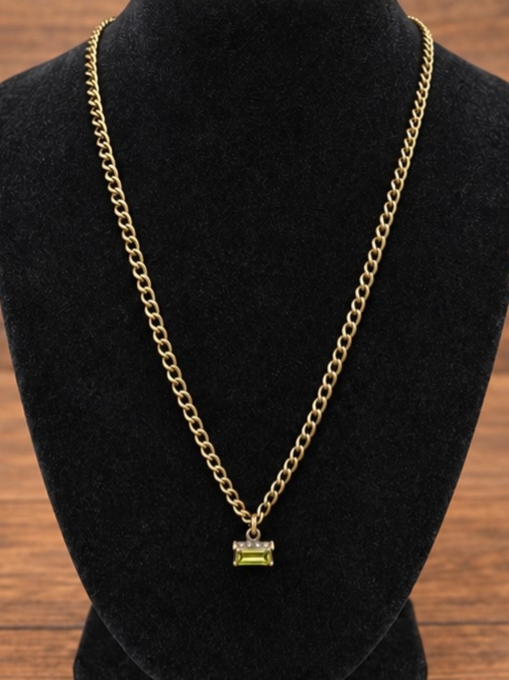 Plunder Long Antique Gold-Tone Olive Green Baguette Pendant Necklace